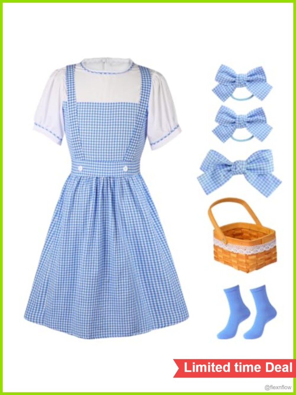 Womens Halloween Gingham Pinafore Dress Cosplay Costume Set with Headband Socks